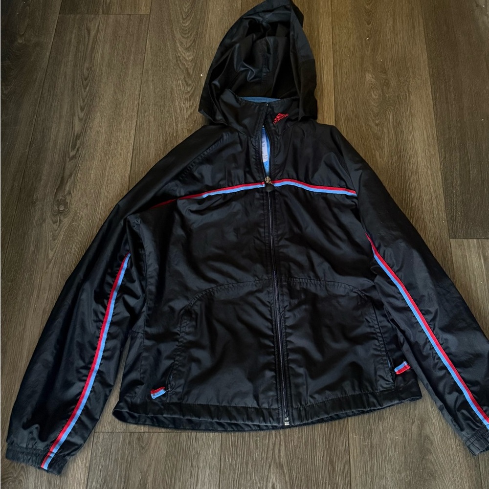 adidas Black Windbreaker with Red and Blue Stripes
